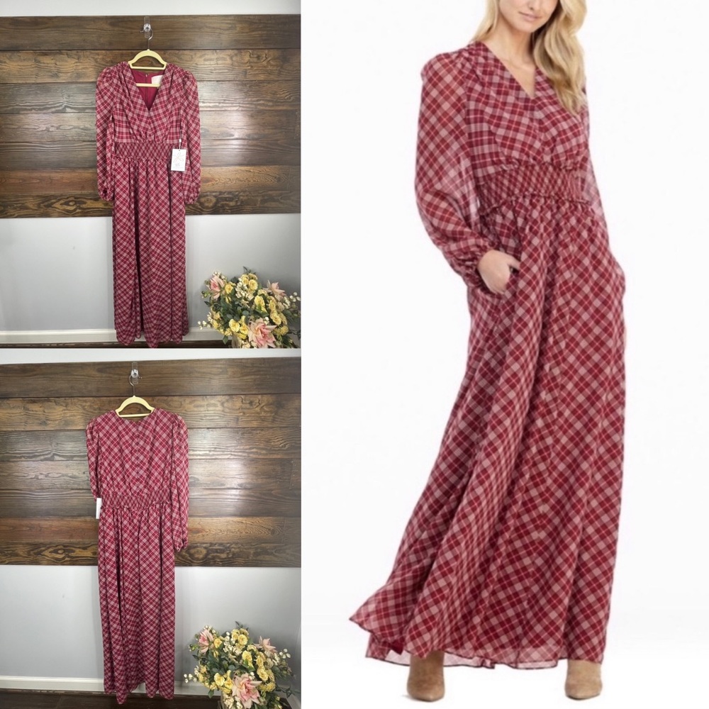 Gal Meets Glam Robyn Plaid Long Sleeve Chiffon Maxi Dress New Size 4
